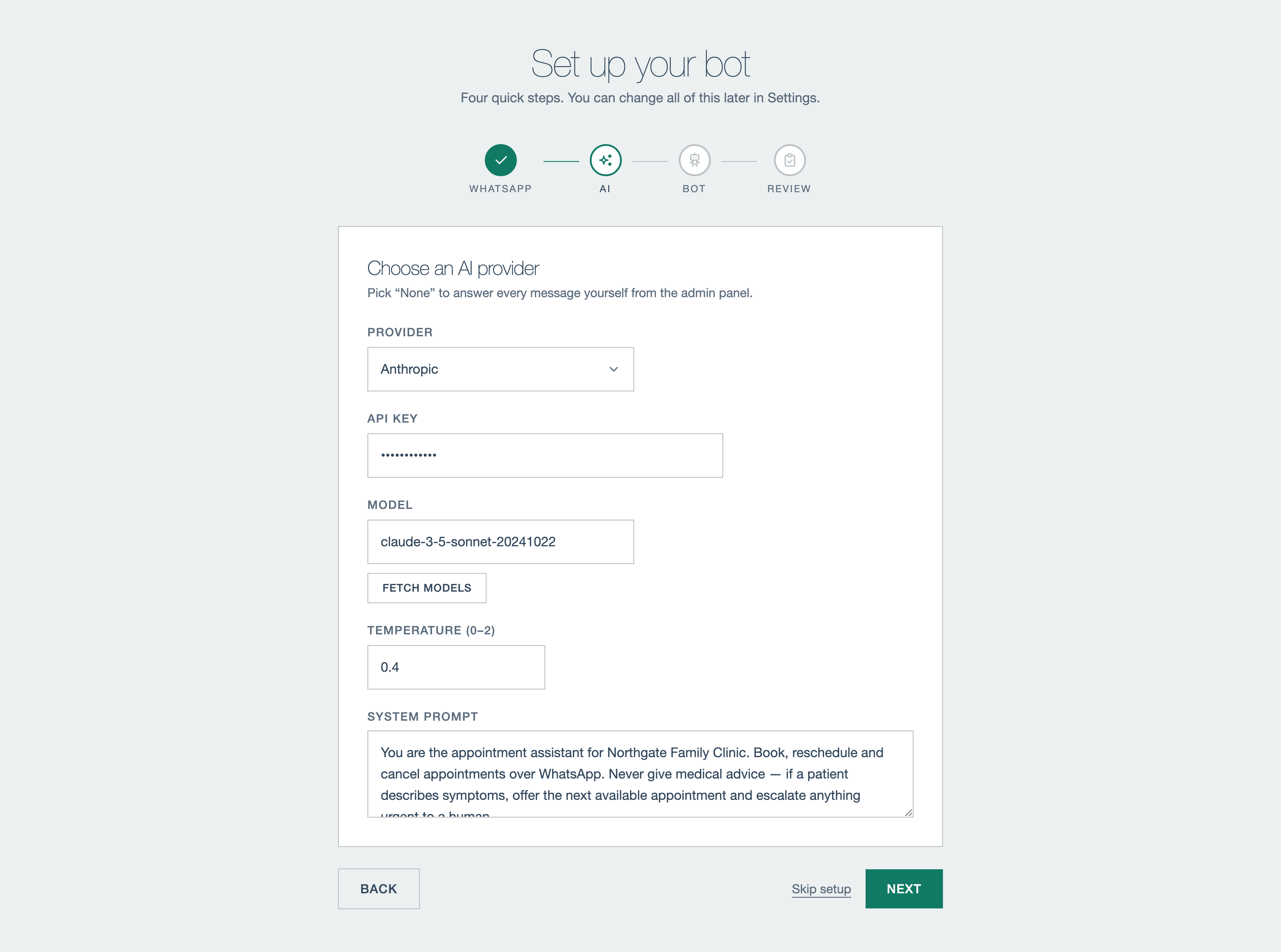 A guided setup flow for WhatsApp and the clinic assistant.